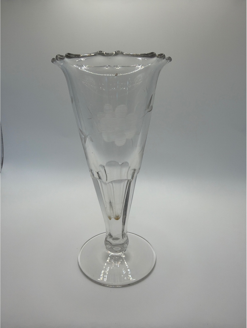 Vintage Clear Etched Glass Table Vase with Floral Design